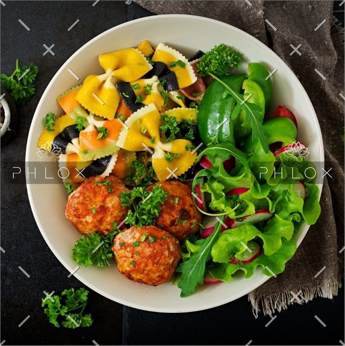farfalle pasta durum wheat with baked meatballs PQBKRNX